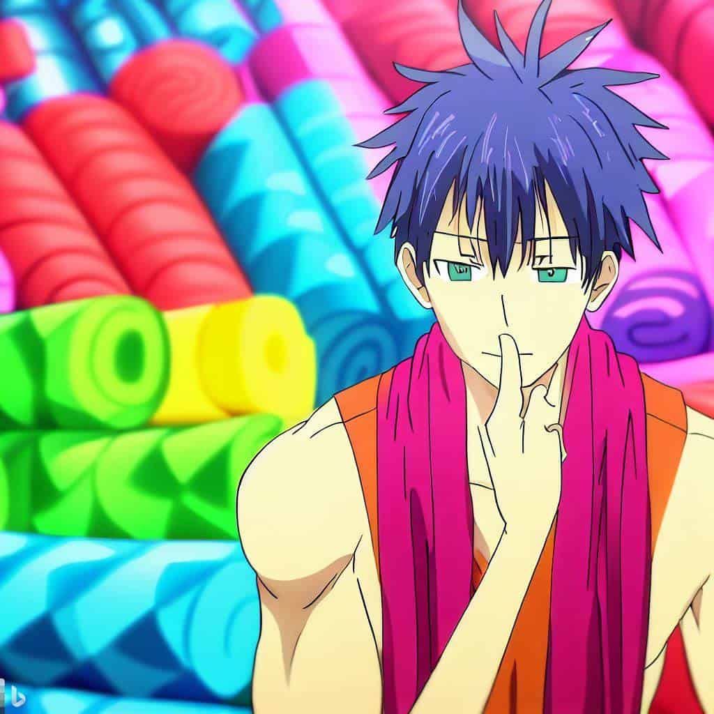anime pria sedang memikirkan matras yoga mana yang harus dipilih dari tumpukan matras yoga berwarna cerah