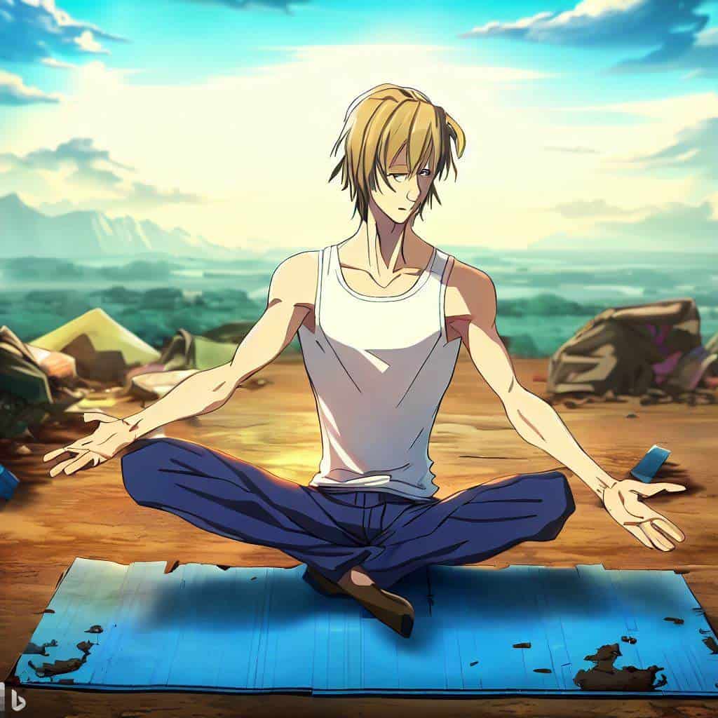 anime of a man on a blue yoga mat outdoors