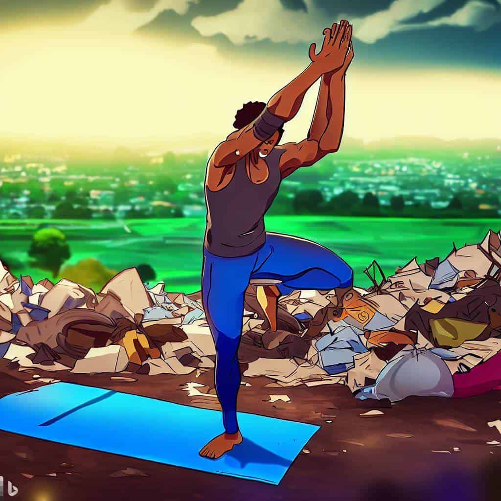 Male practicing yoga on a blue yoga mat in a trash heap