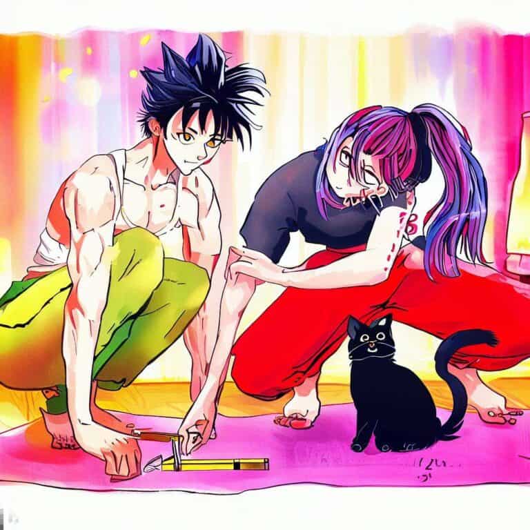 Nainen ja mies joogan harjoittaja mittaamassa joogamattoa kissan katsellessa