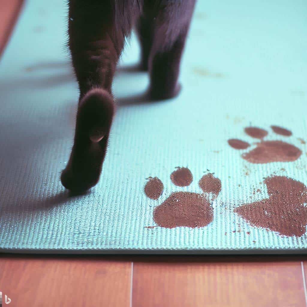 Katze hinterlässt schmutzige Spuren auf einer Yogamatte
