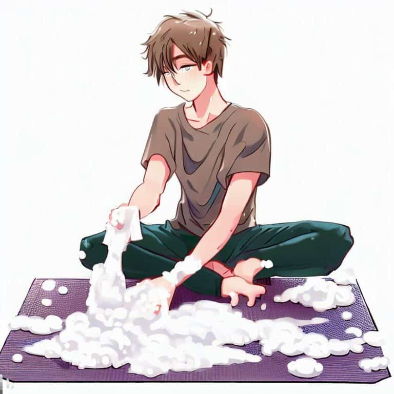 young man cleaning a yoga mat with soap covered in foam