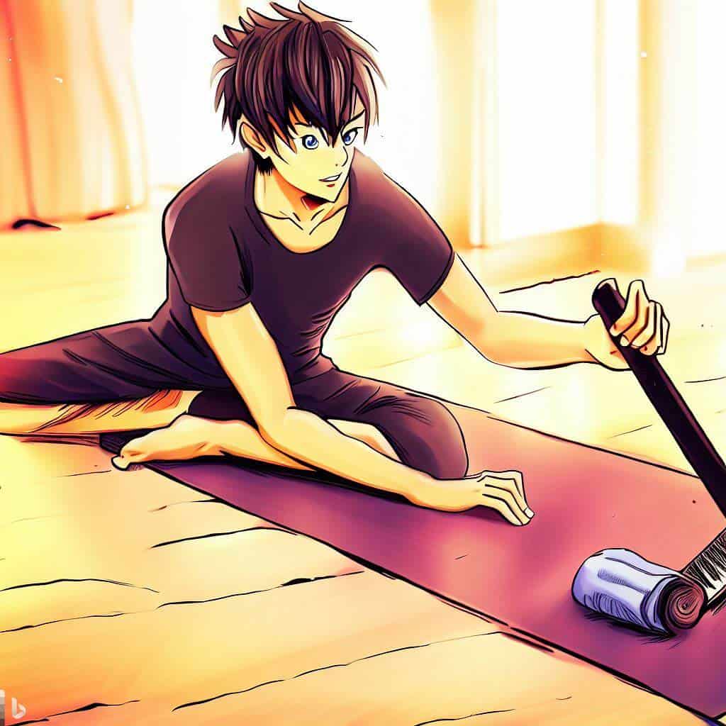 pemuda membersihkan matras yoga dengan sikat