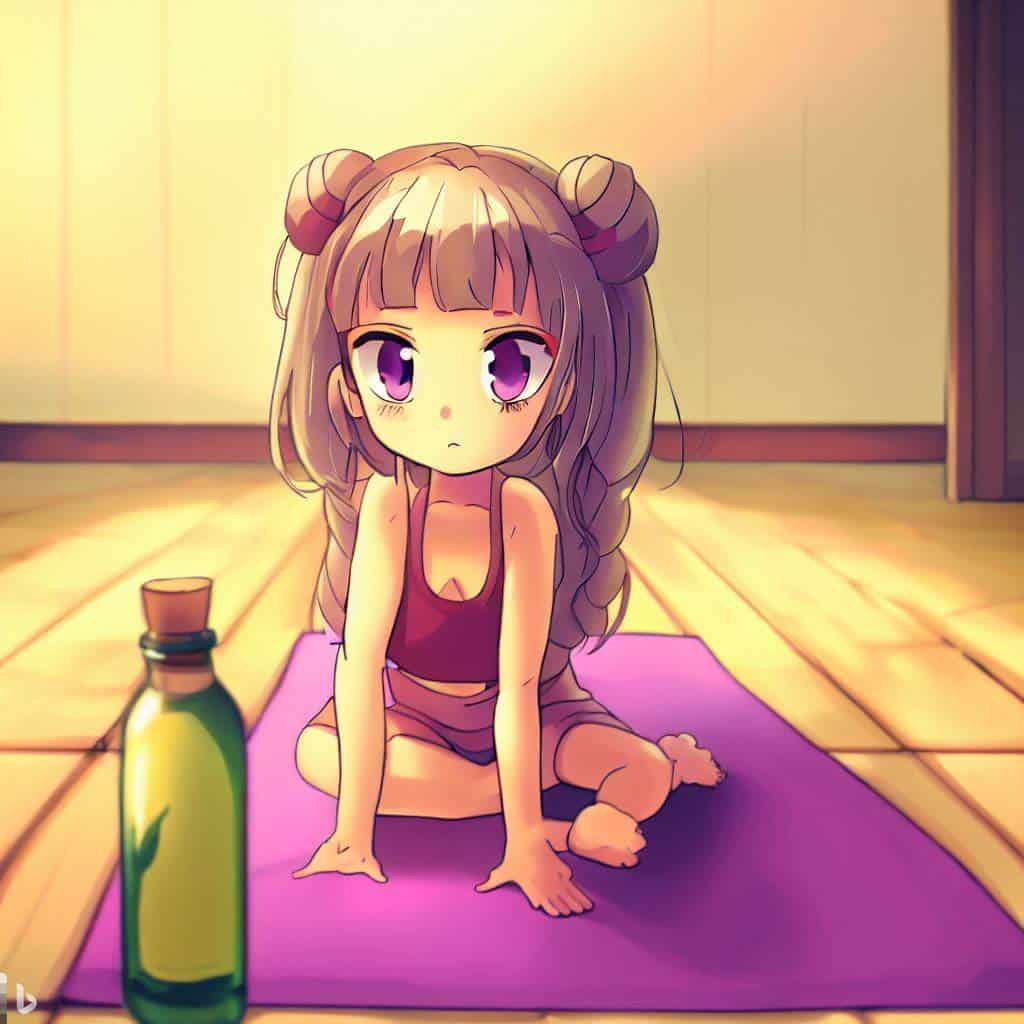Young woman on a yoga mat looking at a bottle