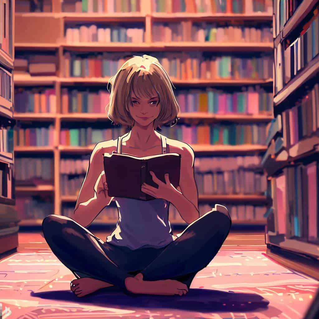 ung kvinna som läser en bok på golvet i ett bibliotek
