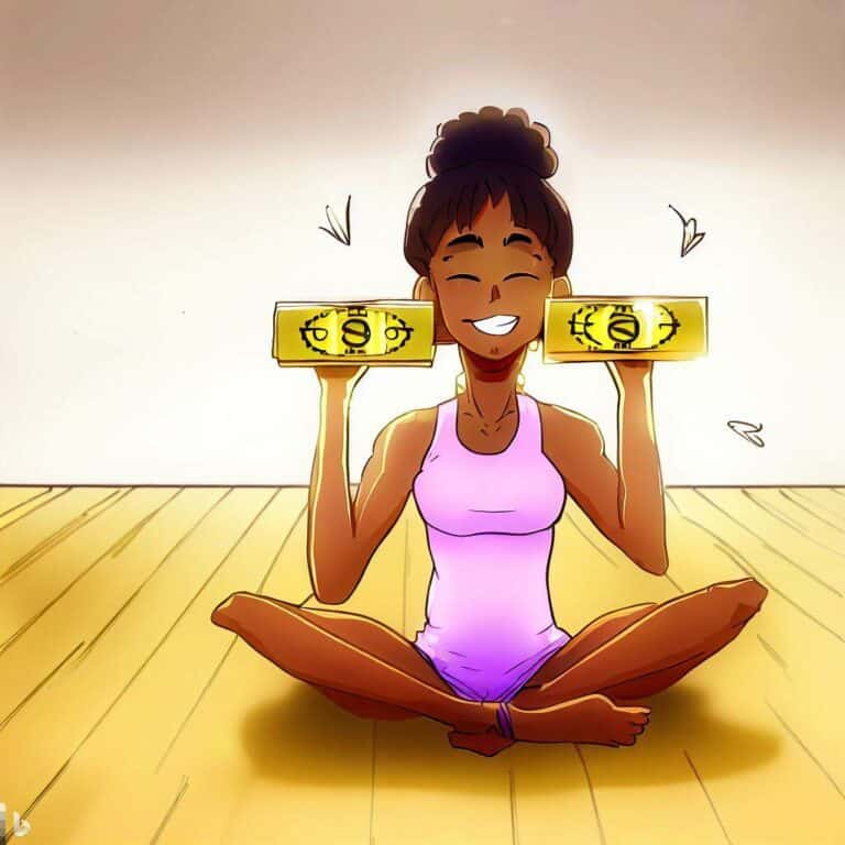 tegning av en ung kvinne på gulvet med gyldne yogablokker i hendene