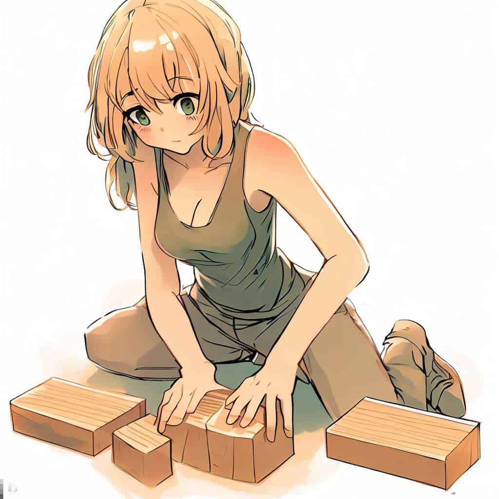 drawing of a young woman crafting a yoga block from wood