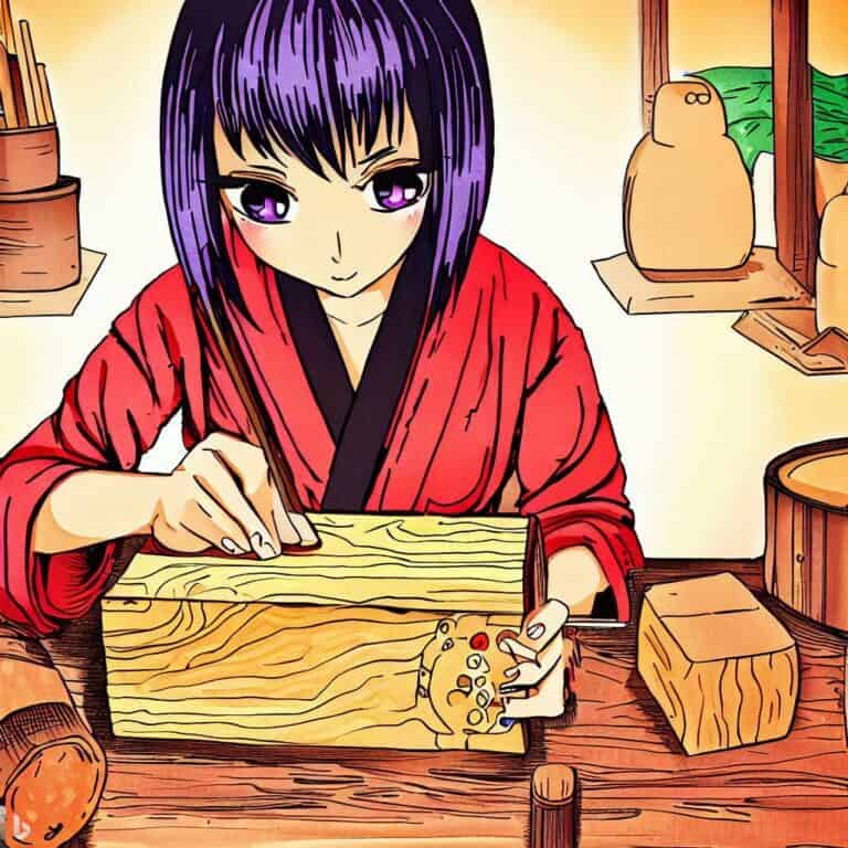 drawing of a young woman crafting a yoga block from wood