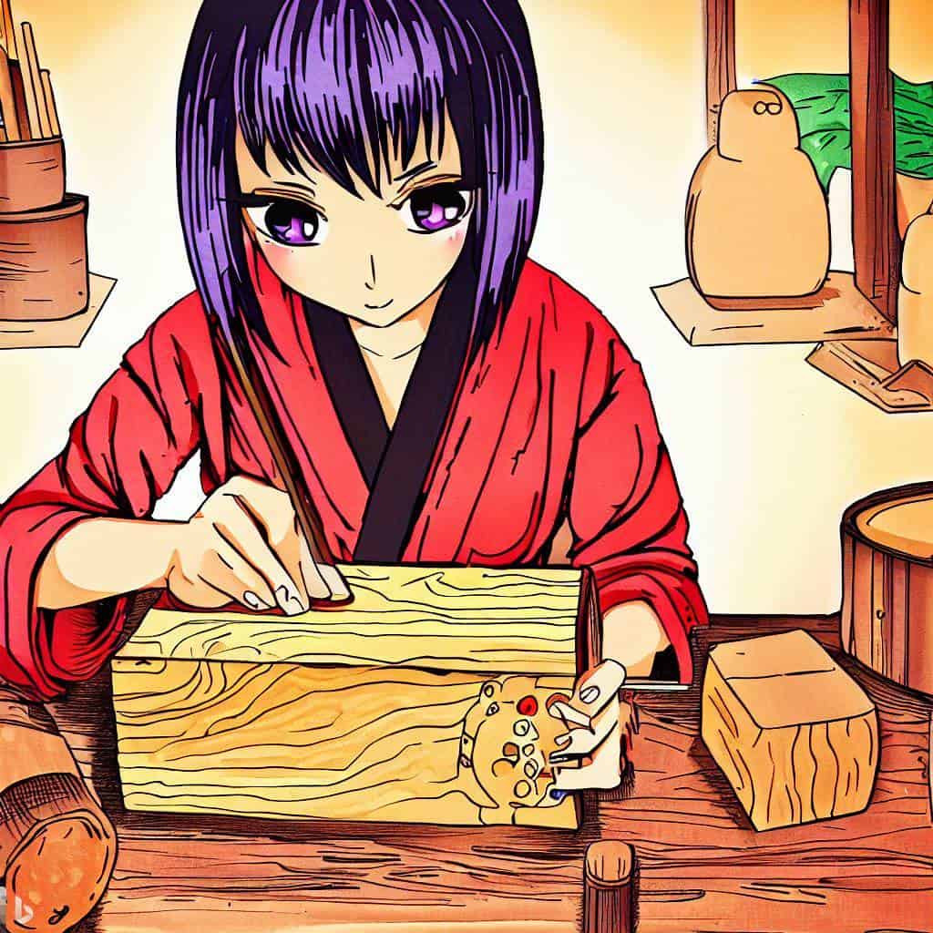 drawing of a young woman crafting a yoga block from wood