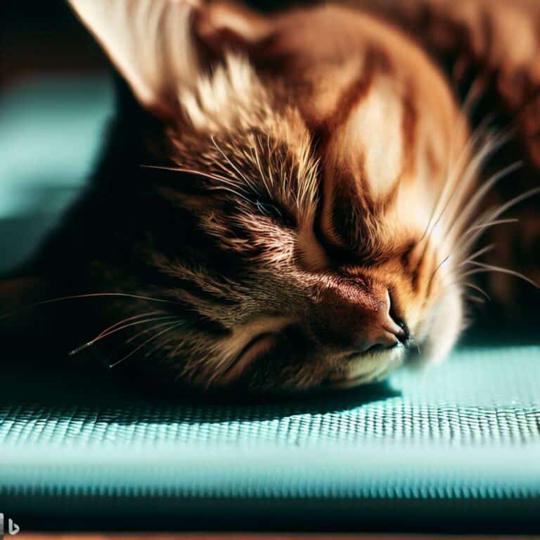 Katze schläft auf einer Yogamatte