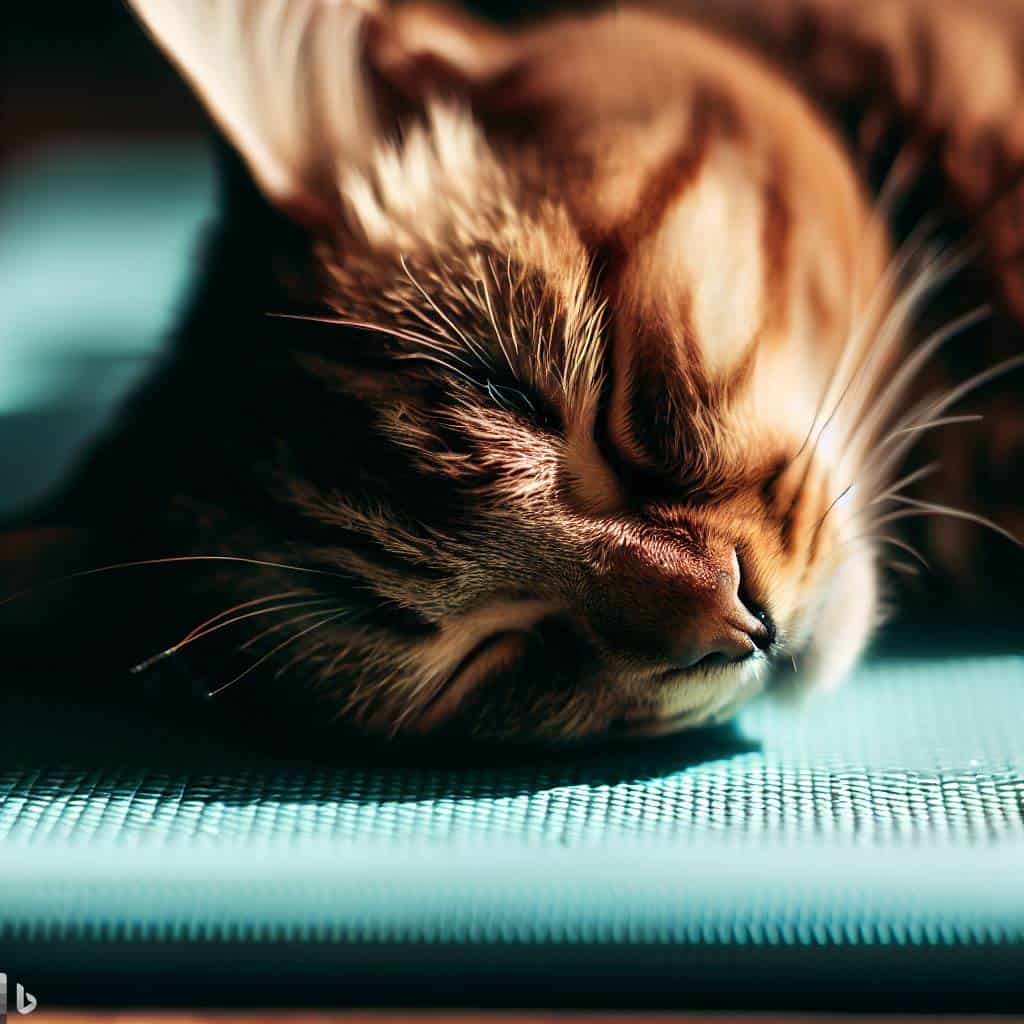 katt som sover på en yogamatte