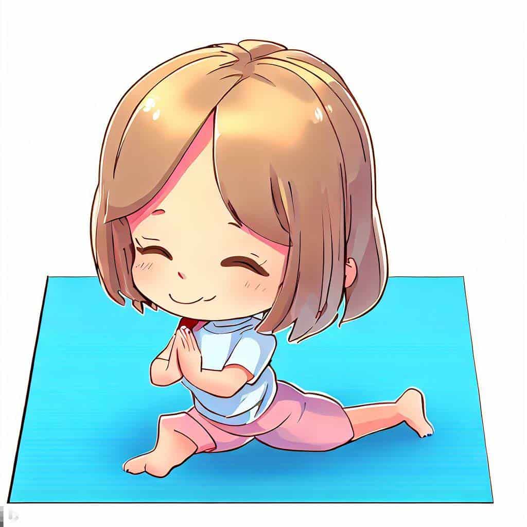Caricatura de un niño haciendo yoga en una estera de yoga del tamaño de una estera de yoga para niños.