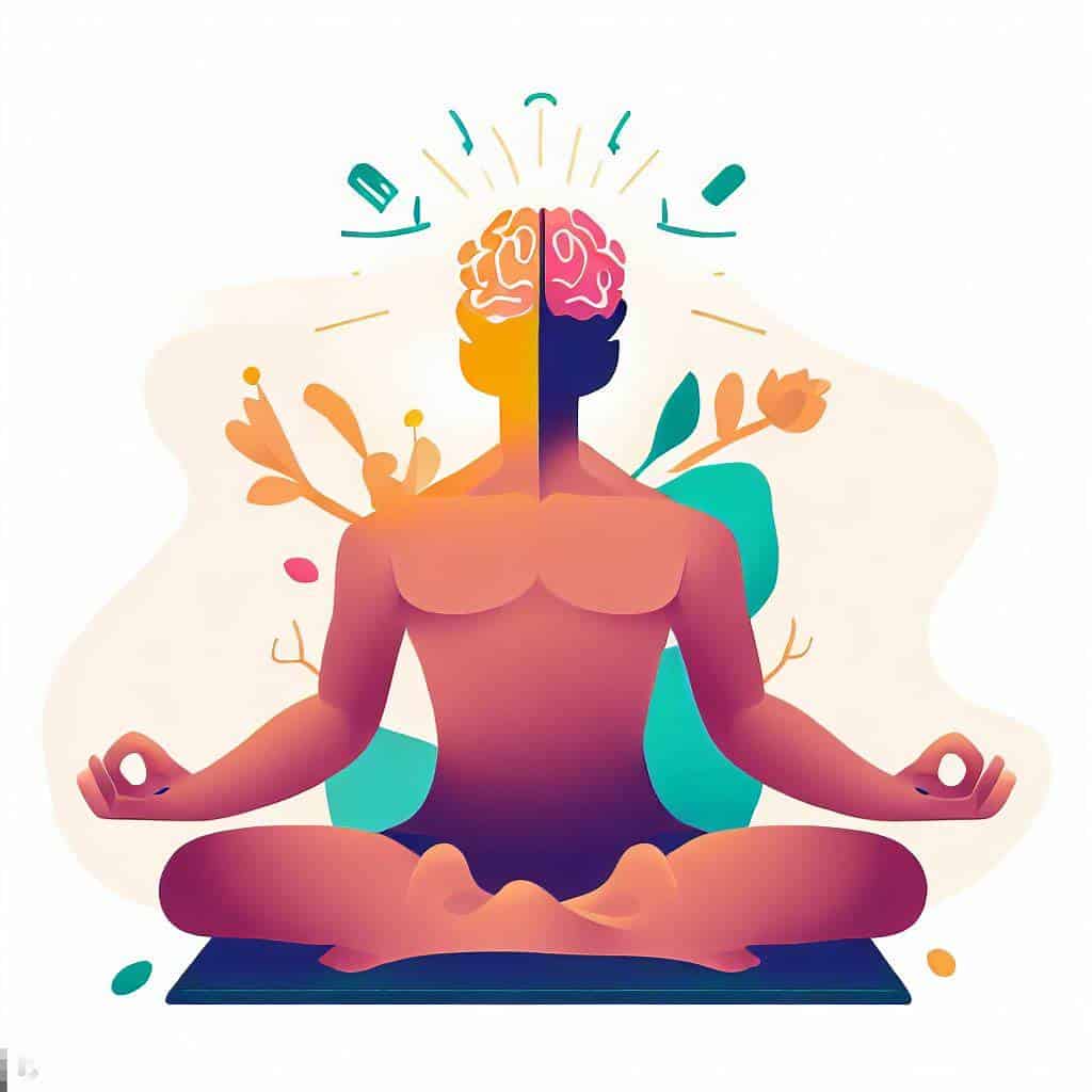 Ilustración que muestra los beneficios físicos, mentales y espirituales de practicar yoga.