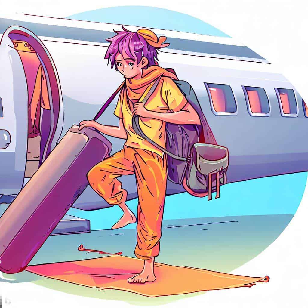 Zeichnung eines Yogis, der eine Yogamatte in einem Flugzeug trägt
