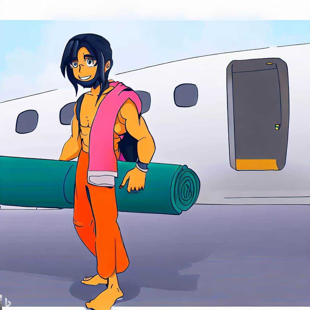 drawing of a yogi carrying a yoga mat from an airplance