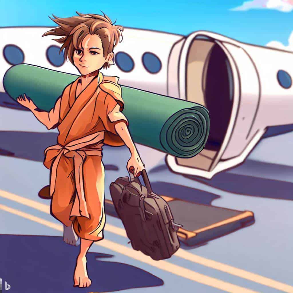 Zeichnung eines Yogis, der eine Yogamatte aus einem Flugzeug trägt