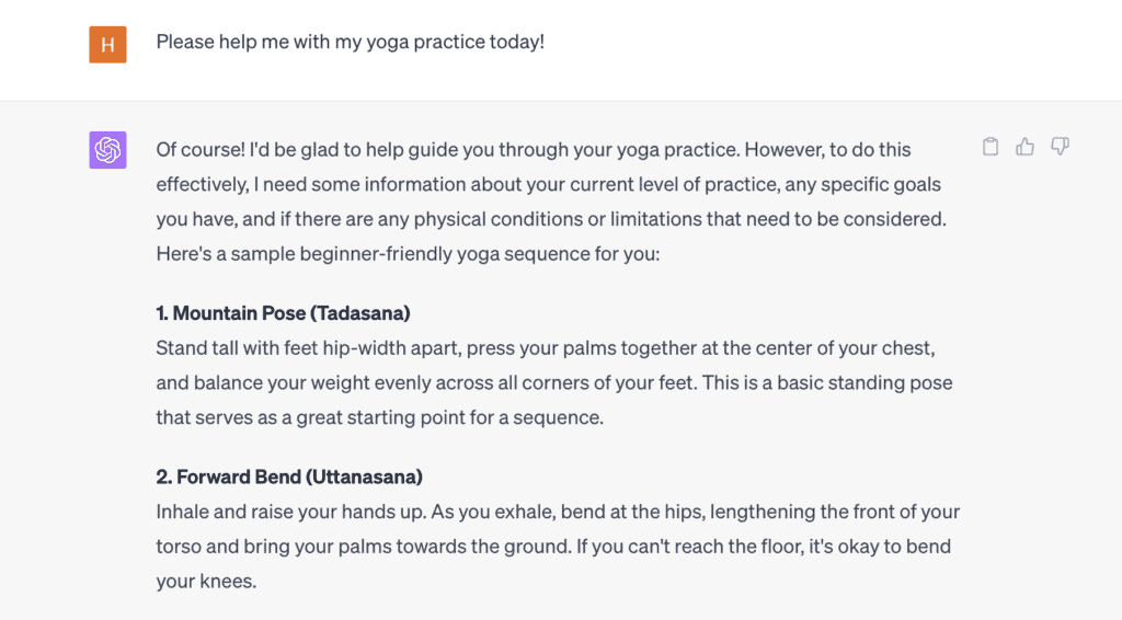 Example of using ChatGPT prompts for yoga. In this case asking for general help with practice.