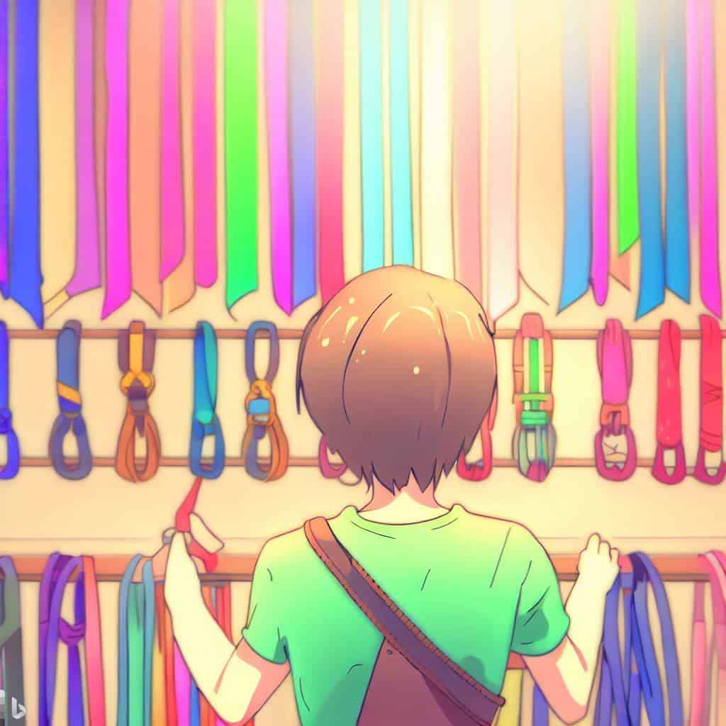 anime style drawing of a person choosing a yoga a strap