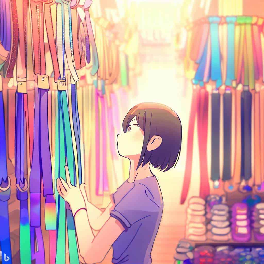 anime style drawing of a person choosing a yoga a strap