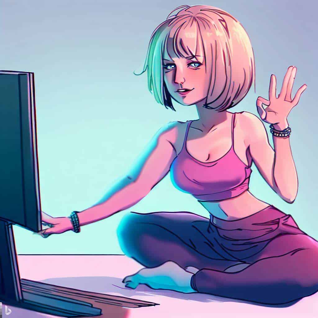 drawing of a person dressed for yoga that is interacting with a computer