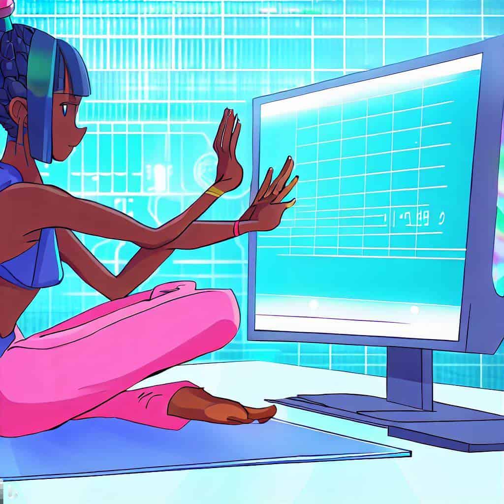 drawing of a person dressed for yoga that is interacting with a computer