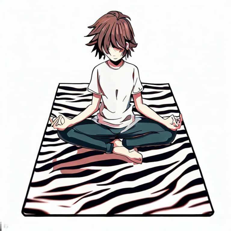 méditation sur un tapis de yoga zébré style anime