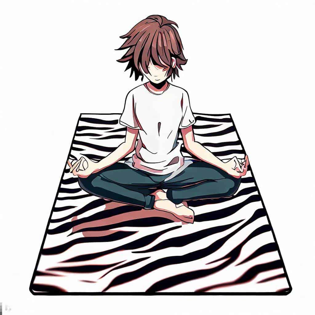 Meditation auf Yogamatte mit Zebramuster im Anime-Stil