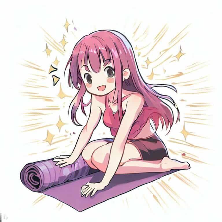 young female having problems with a yoga mat that keeps rolling up