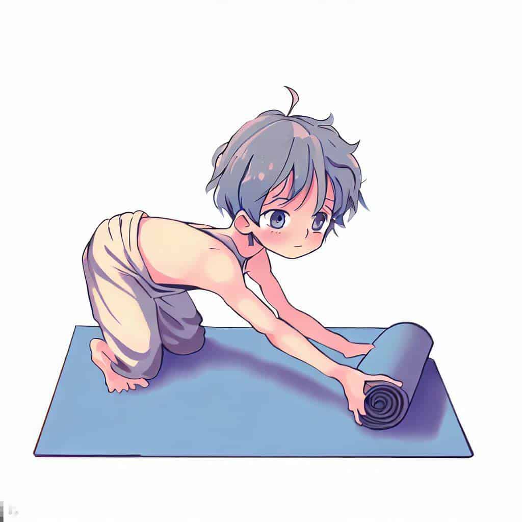 Yogi rullar ut blå yogamatta på golvet