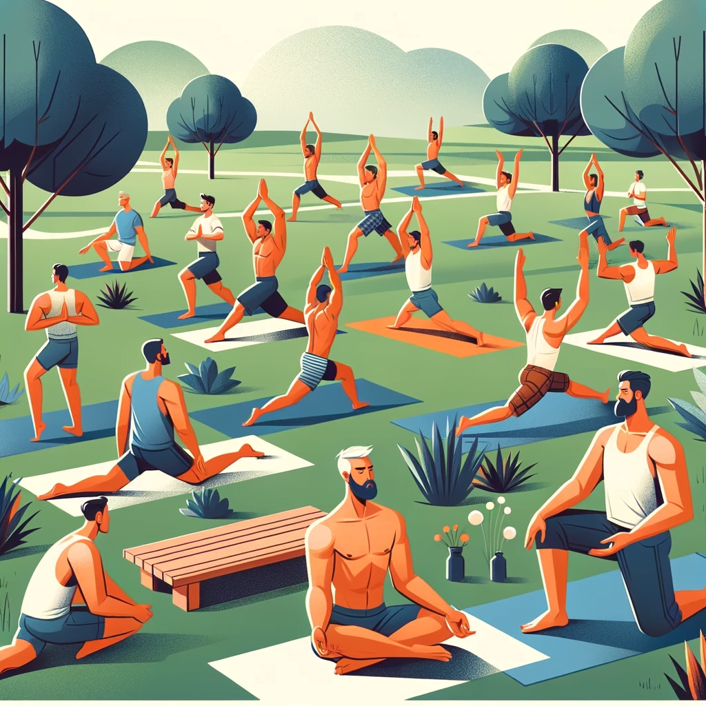 An illustration showing a diverse group of men of different ages and body types practicing yoga in a park. The scene is peaceful and inclusive