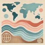 Global Connection – A minimalist abstract of interconnected countries in soft tones, representing yoga as a tool for international diplomacy.
